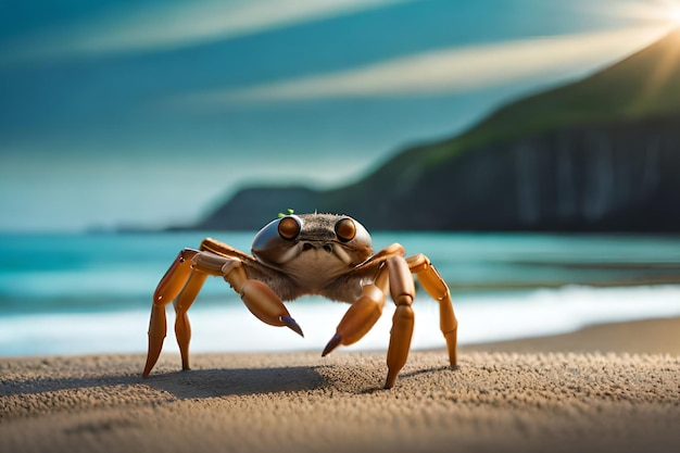 Un crabe sur la plage avec l'océan en arrière-plan