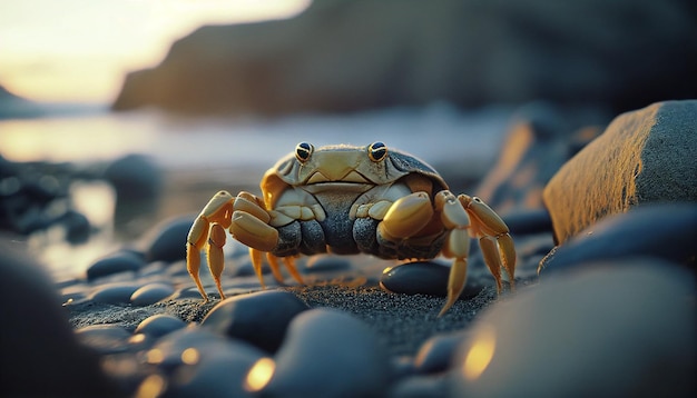 Un crabe sur une plage rocheuse avec le soleil se couchant derrière lui.