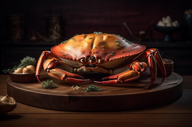 Un crabe sur une planche à découper en bois avec une surface en bois et une feuille verte sur le fond.