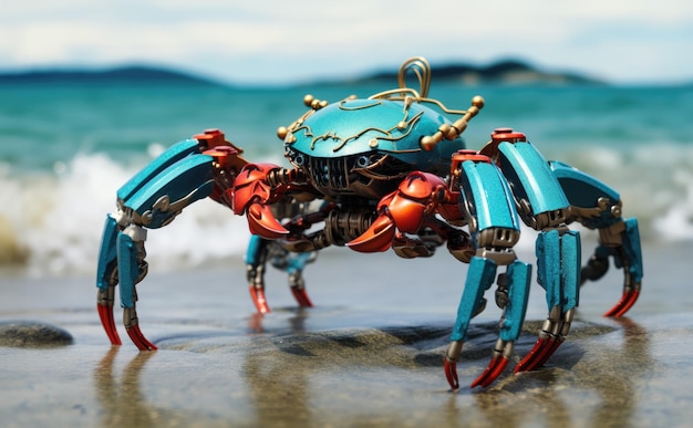 Un crabe robot sur le rivage parmi les rochers