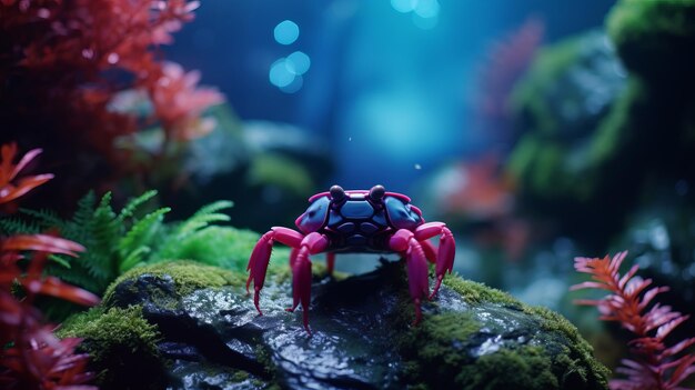 Le crabe rose dans un diorama en miniature Un synthwave Seapunk Junglepunk tourné sur 70mm