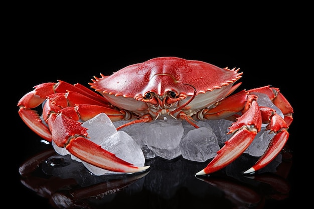 Un crabe rouge allongé sur de la glace, un motif de fruits de mer isolé sur un fond blanc massif