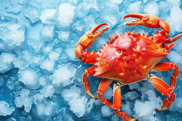 Crabe rouge allongé sur la glace, vue sur le dessus, motif de fruits de mer