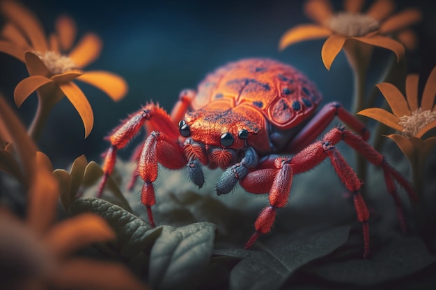 Un crabe rouge fait partie des fleurs de ce rendu 3d.