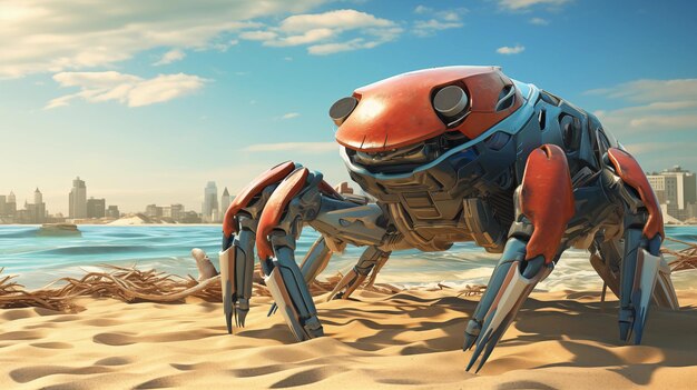 Crabe rouge robotique réaliste Animal cybernétique aquatique futuriste avec des griffes Scifi Coloré