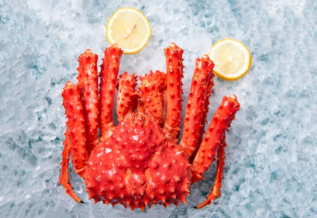 Crabe royal d&#39;Alaska sur glace avec vue de dessus de fond citron - hokkaido de crabe rouge au marché de fruits de mer