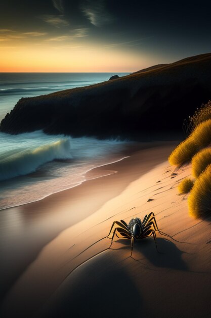 Un crabe se trouve sur la plage au coucher du soleil