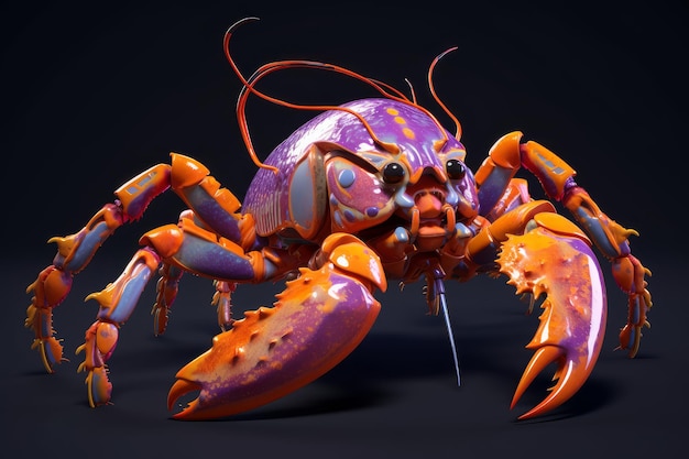 Un crabe violet et orange avec une grosse pince.