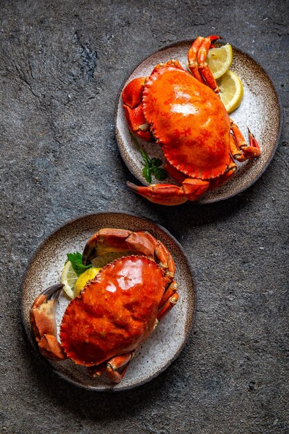 Photo crabes cuits entiers sur une assiette blanche avec du citron et de la bière fond de béton gris vue supérieure