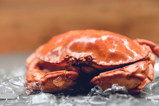 Photo crabes sur glace, gros plan de crabe de pierre cuit à la vapeur dans le restaurant de fruits de mer