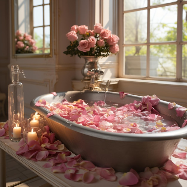 Photo craig mullins a inspiré la relaxation des pétales de rose dans la baignoire