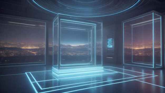 Écran d'affichage holographique futuriste généré par l'IA dans une installation moderne