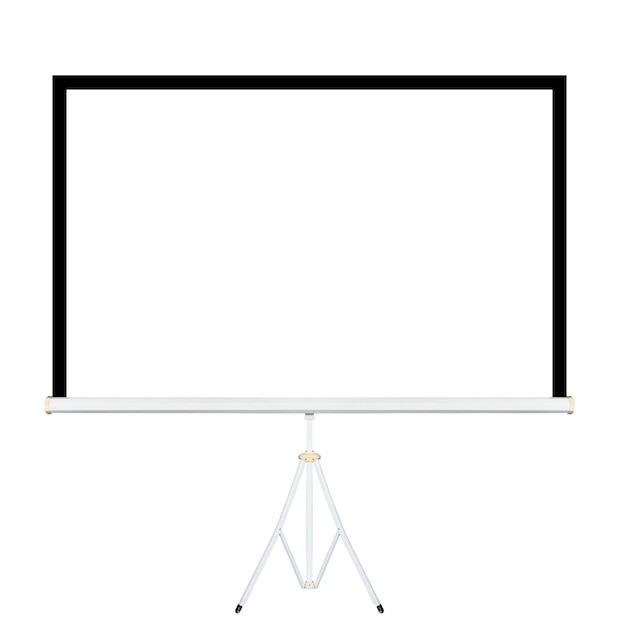 Écran blanc du projecteur sur trépied isolé sur fond blanc avec un tracé de détourage