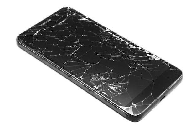 Écran cassé sur smartphone noir isoler sur blanc Réparation de smartphone et remplacement d'écran
