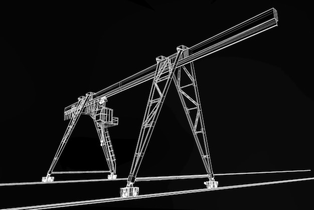 Cran de construction industrielle isolé sur fond noir modèle 3D