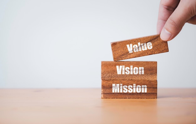 Écran d'impression Mission Vision et Mission sur bloc de bois pour le concept de déclaration d'activité de l'entreprise