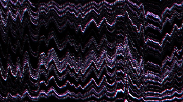 Écran d'ordinateur piraté avec effet glitch Modèles d'erreur avec lignes de distorsion Arrière-plan numérique abstrait avec rendu 3D d'ondes sonores colorées