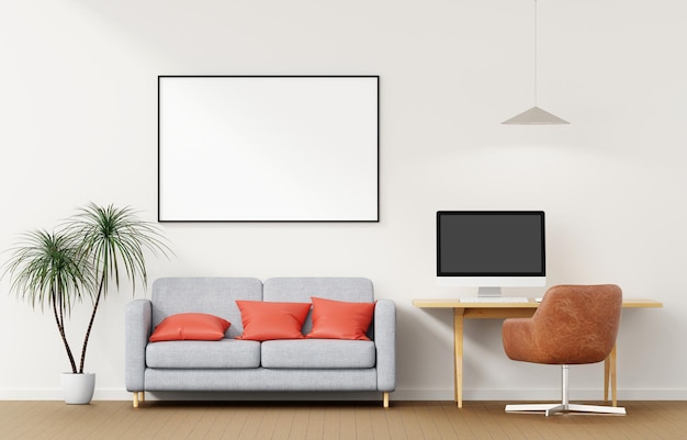 Écran d'ordinateur vierge et divers éléments sur l'espace de travail de bureau avec cadre photo dans la salle de bureau à domicile illustration de rendu 3D