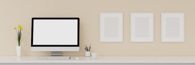 Écran d'ordinateur vierge et divers éléments sur l'espace de travail de bureau avec cadre photo dans la salle de bureau à domicile illustration de rendu 3D