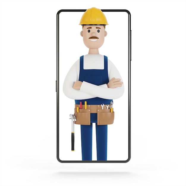 Écran de smartphone avec assistant Mari pendant une heure Charpentier plombier électricien appelant le contremaître à travailler Illustration 3D en style cartoon