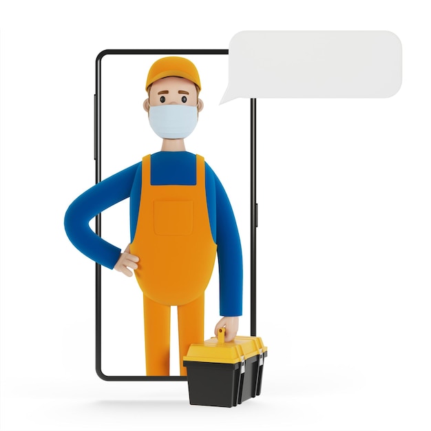 Écran de smartphone avec assistant Mari pendant une heure Charpentier plombier électricien appelant le contremaître à travailler Illustration 3D en style cartoon