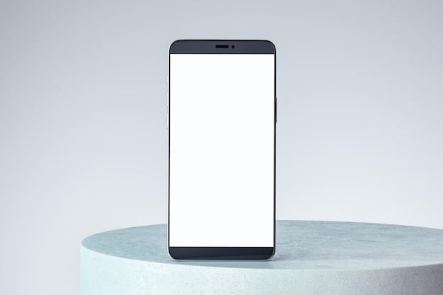 Écran de smartphone blanc vierge sur support en béton rond à fond clair maquette de rendu 3D