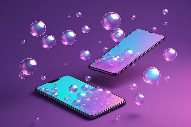 Écran de smartphone flottant avec des bulles