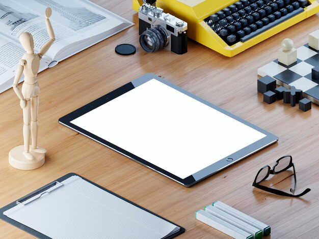 Écran de tablette maquette réactif sur le bureau isométrique La plaque sur la table en bois entre le rendu 3D du décor