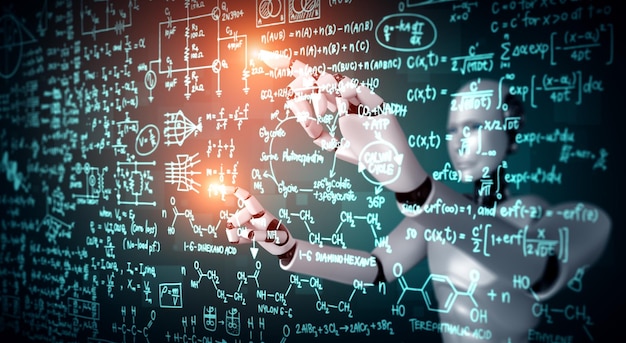 Écran tactile de robot humanoïde IA de formule mathématique et d'équation scientifique