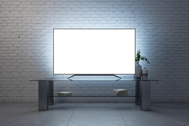 Écran de télévision blanc brillant avec des meubles sur fond de mur de briques Concept de télévision maquette de rendu 3D
