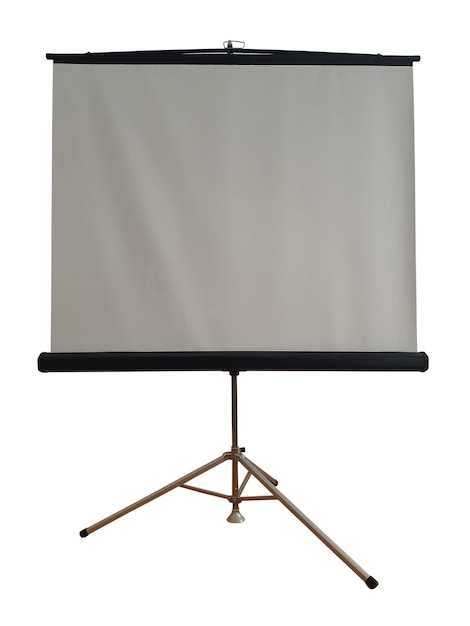 Écran de trépied vierge de projection sur un fond blanc isolé. Il y a une place pour une inscription, la publicité