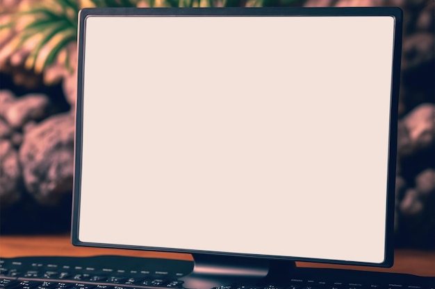 Écran vide d'ordinateur sur un bureau en bois Illustration de l'IA générative