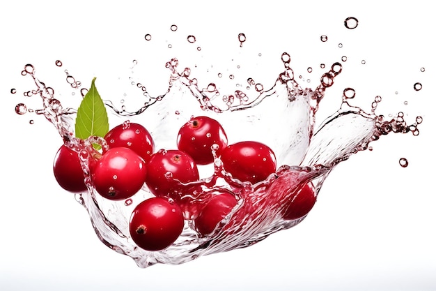 Cranberry et éclaboussure d'eau sur fond blanc