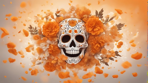 Crâne en 3D avec des fleurs de marguerite orange