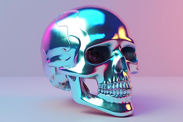 Un crâne 3D holographique sur un fond pastel gradient