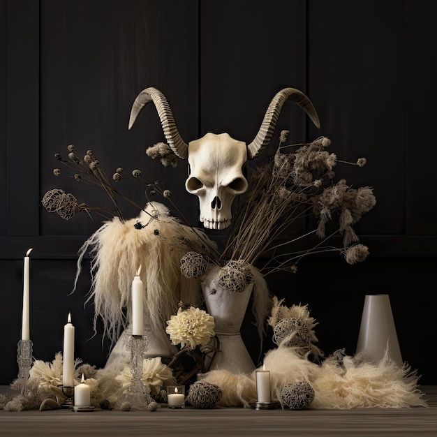 Photo un crâne d'animal avec des cornes et des plumes sur la tête à côté de quelques bougies, fleurs et autres objets