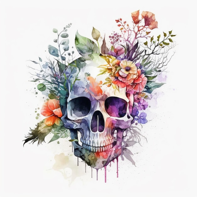 Crâne aquarelle et fleurs sur fond blanc