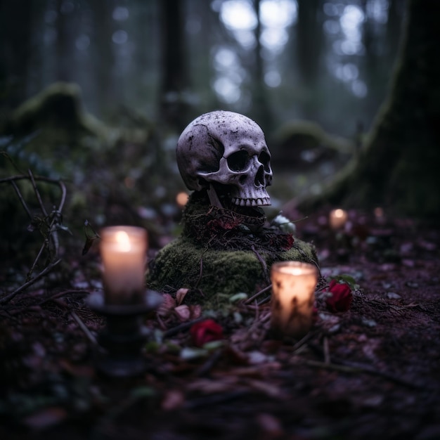 un crâne assis sur un sol couvert de mousse entouré de bougies