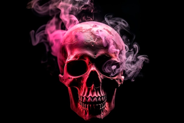 crâne au milieu de fumée rose sur fond noir