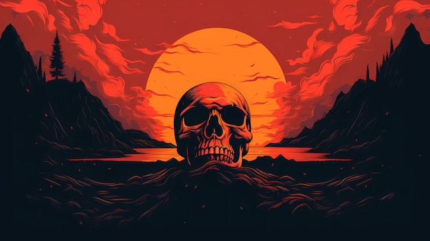 crâne au milieu d'un paysage de coucher de soleil pour fond d'écran