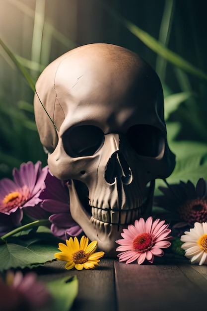 Crâne au sol entouré de fleurs