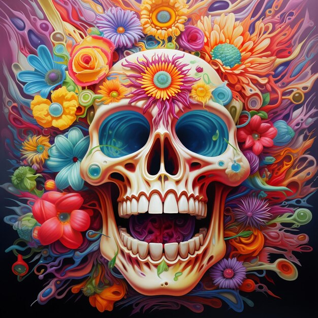 Crâne aux couleurs vives avec des fleurs et des feuilles sur la tête ai générative