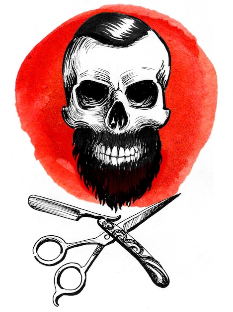 Crâne de barbier avec rasoir et ciseaux Illustration dessinée à la main