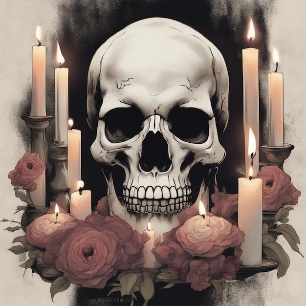 Le crâne de la beauté étrange entouré de bougies et de fleurs