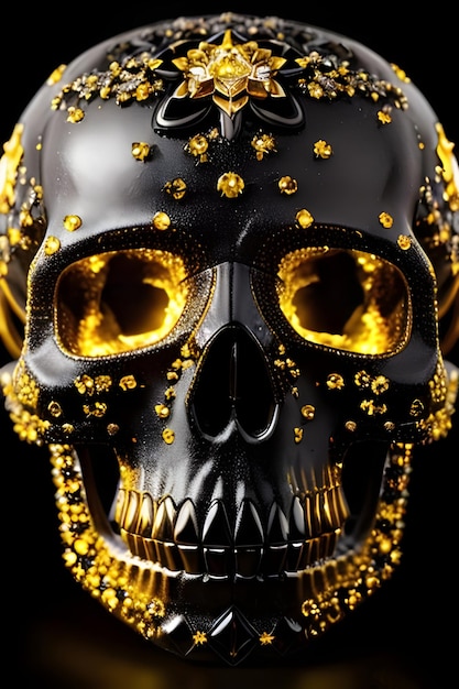 Crâne avec des bijoux en or sur fond noir