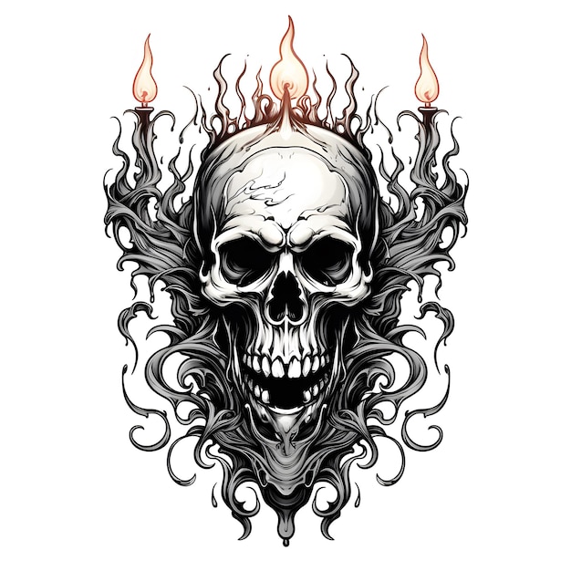 crâne avec une bougie sinistre tshirt tatouage design illustration d'art sombre isolé sur blanc