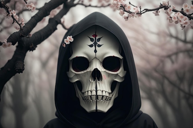 Photo crâne avec une cagoule noire et une couronne de fleurs de cerisier ai génératif