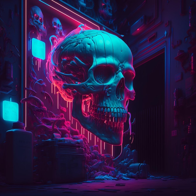 Photo un crâne de cauchemar au néon dans cyber city.