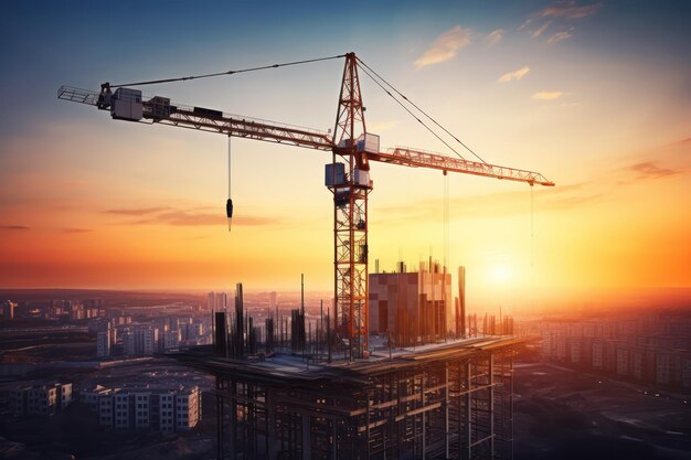 Crane et chantier de construction au coucher du soleil pendant la journée ar 32 v 52 Job ID 1ada4e57683e4939a481ef54600ccb08