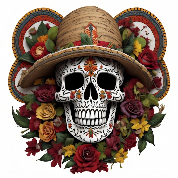 Un crâne avec un chapeau et des fleurs dessus